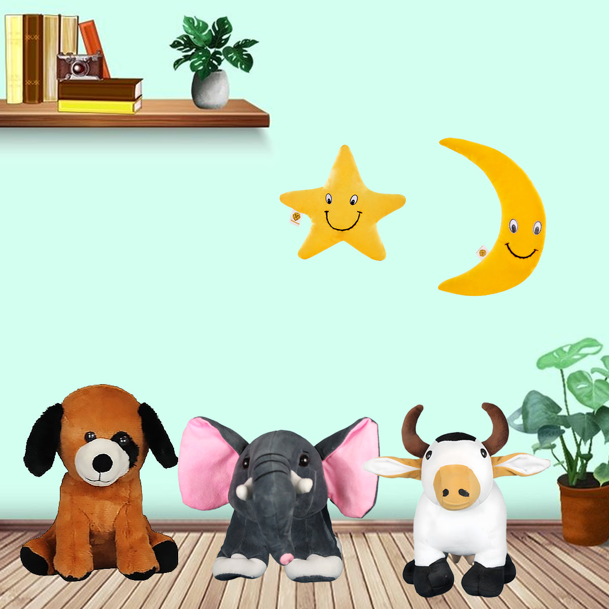 Goldenhub Soft Toys Set Of 5 Star, Moon, Hunter Dog, Elephant, Cow