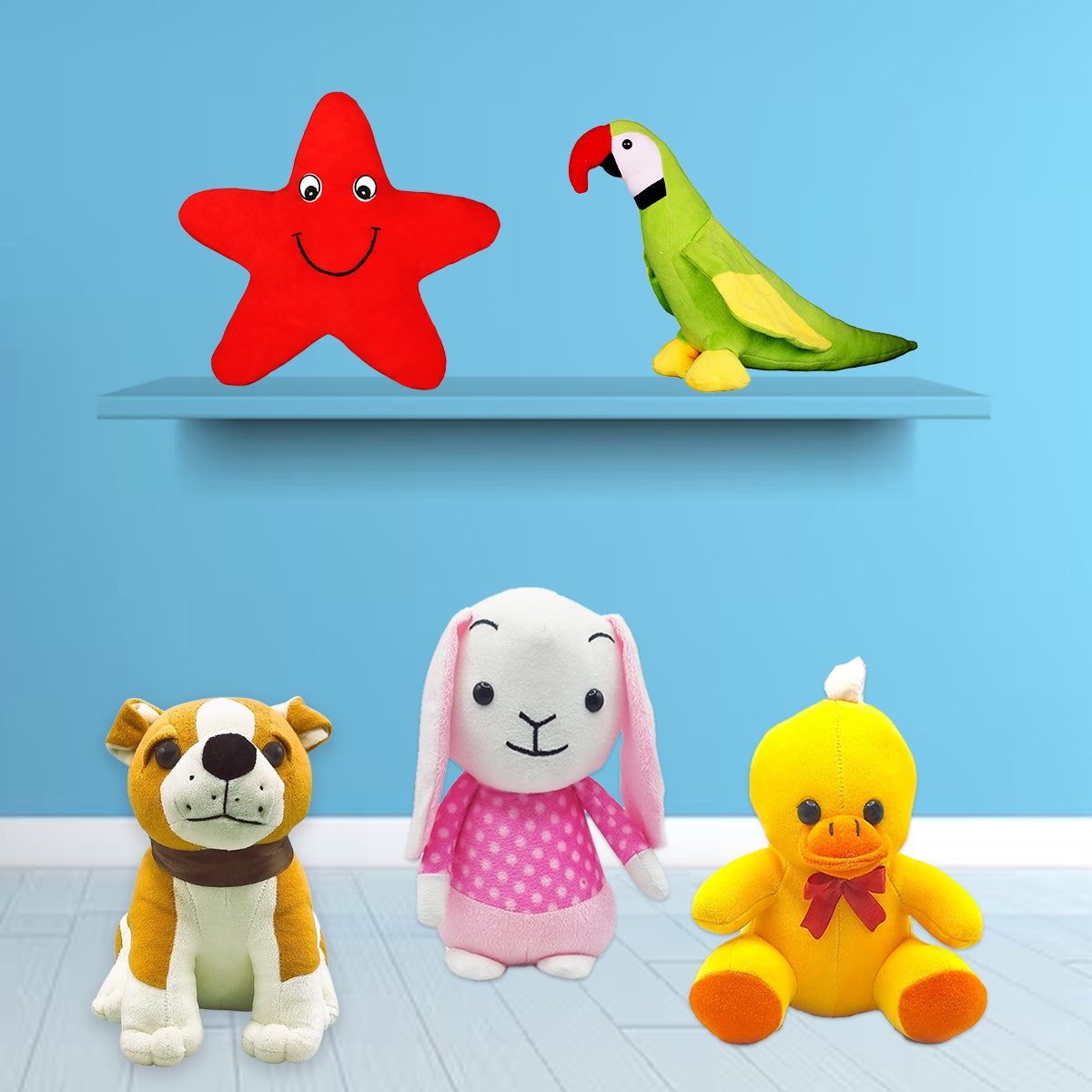 Goldenhub Toy Set Of 5 Starfish, King Parrot, Raja Dog, Bunny in Dress, Chick Sitting