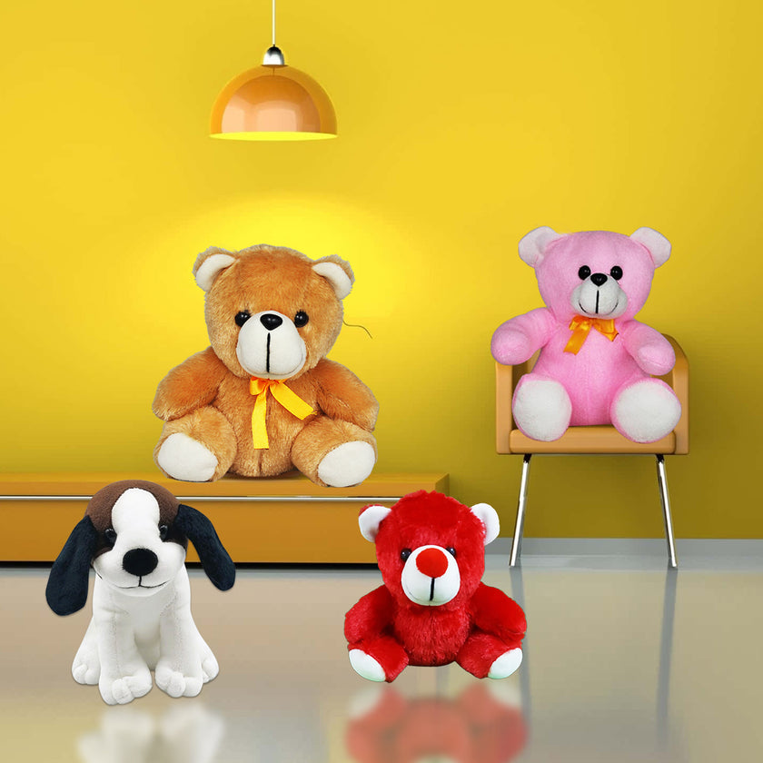 Goldenhub Toys Combo Set Of 4 Sitting Teddys & Puppy Dog