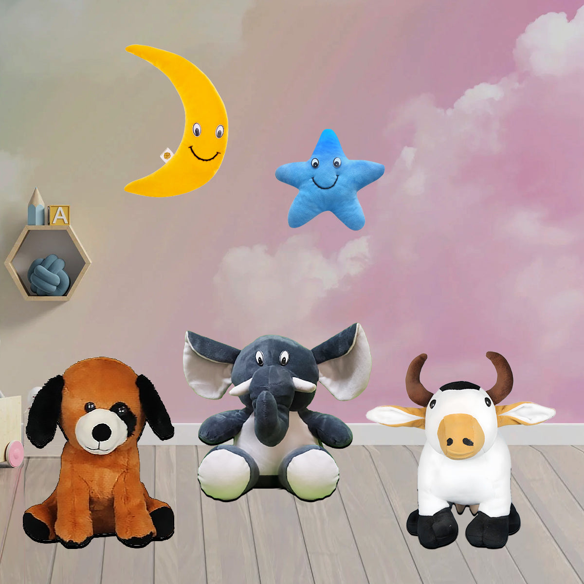 Goldenhub Toys Combo set Of 5 Moon, Standing Cow, Hunter Dog, Blue Starfish, Sitting Elephant