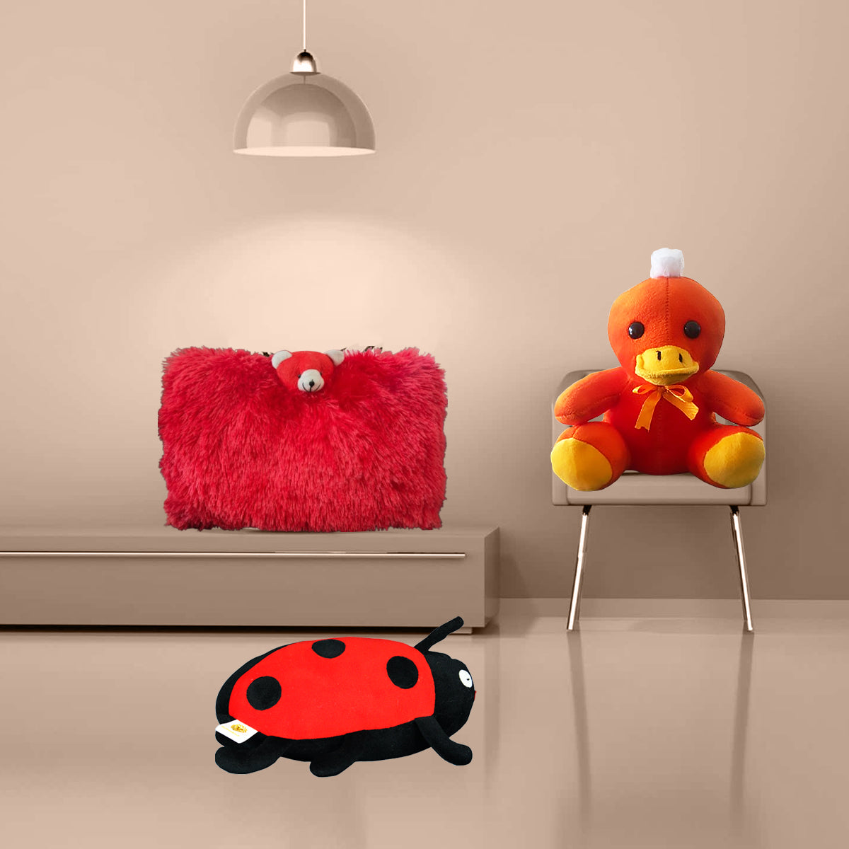 Goldenhub Toys Combo Set Of 3 Teddy Face Pillow, Chick Sitting & Ladybug