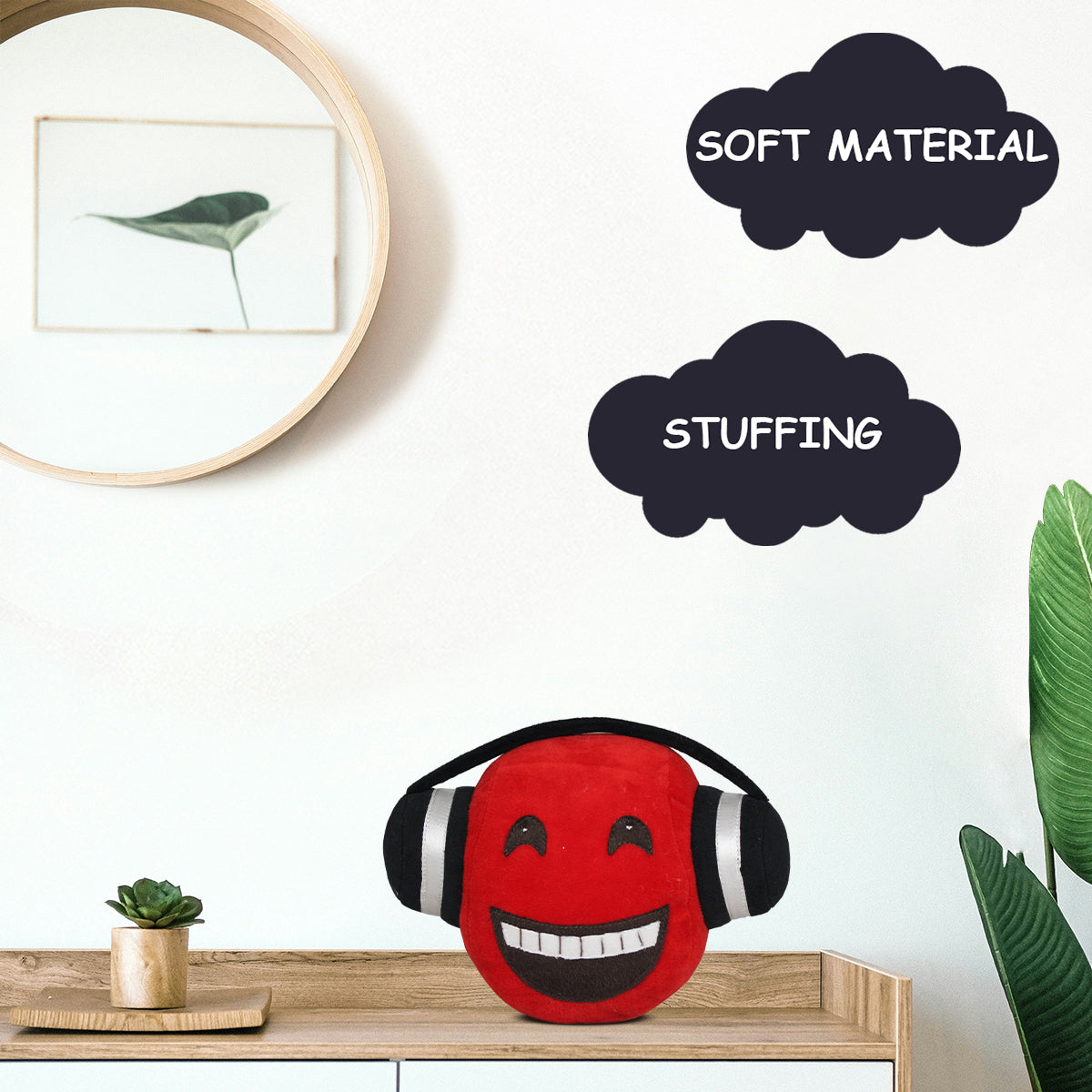 Goldenhub ToysSet of 3 Emoji Cushions – Headphone, Blinking & Cloudy Face | Red, Green & Yellow Round Soft Plush Pillows | Fun Emoji Set for Kids, Décor & Gifting