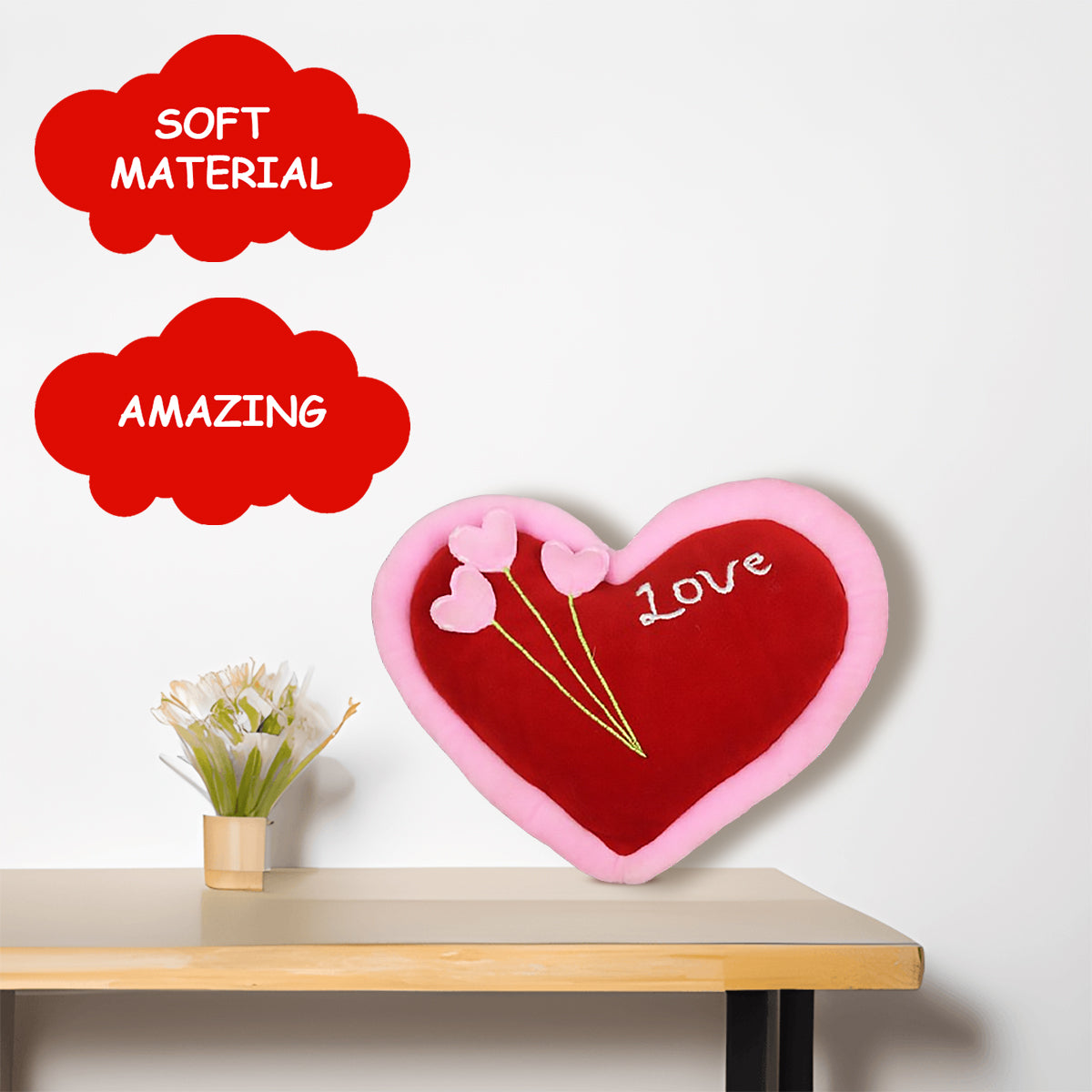 Goldenhub Toys Decorative Heart Cushion with Love Design, Pink and Red, Plush Fabric