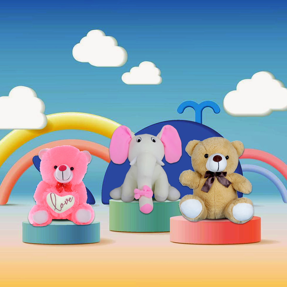 Goldenhub Toys Combo Set Of 3 Teddy with Love Heart, Elephant Sitting & Teddy Bear