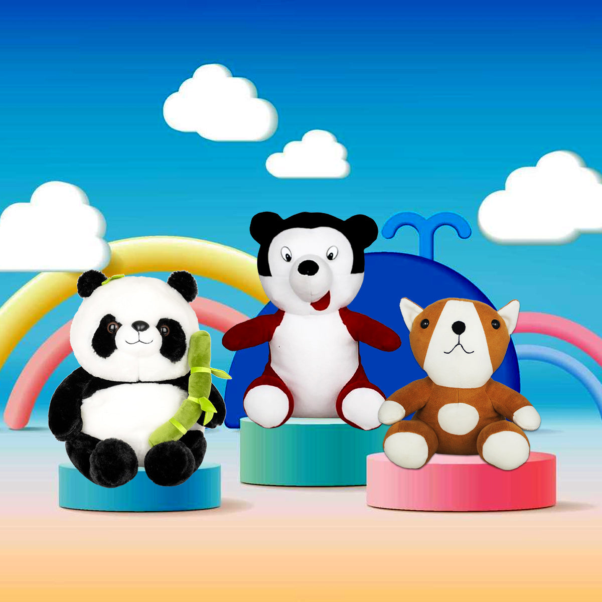 Goldenhub Toys Combo Set Of 3 Panda with Bamboo, Sitting Dog & Mickey