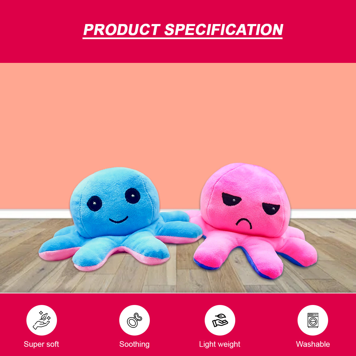 Goldenhub Toys Octopus Reversible Cute Pink/Blue 20 cm