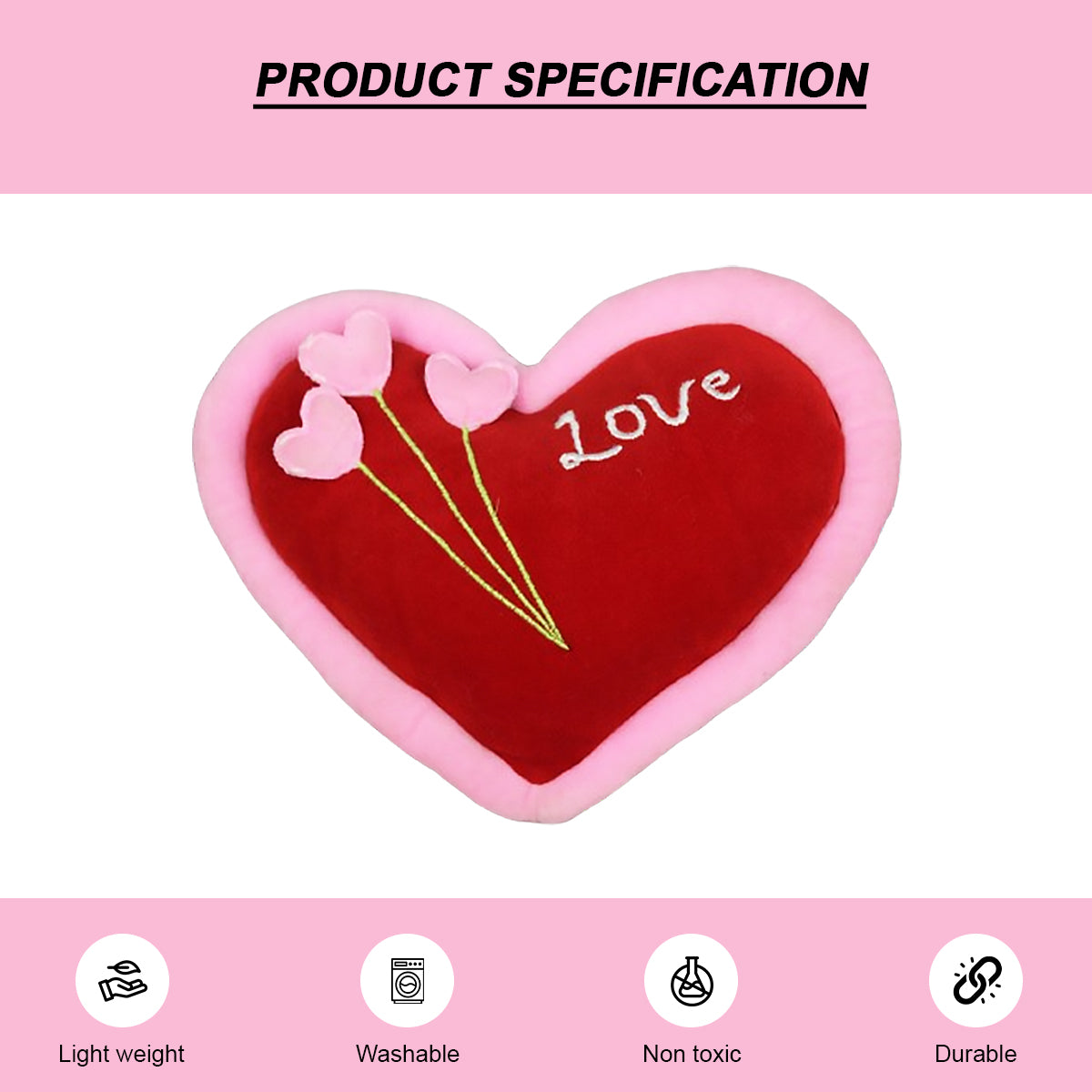 Goldenhub Toys Decorative Heart Cushion with Love Design, Pink and Red, Plush Fabric