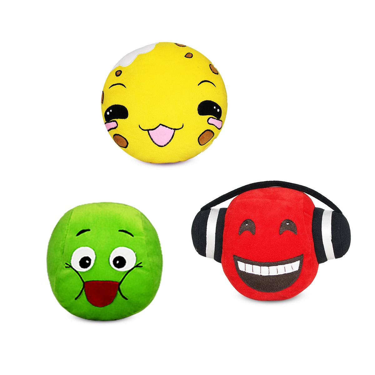 Goldenhub ToysSet of 3 Emoji Cushions – Headphone, Blinking & Cloudy Face | Red, Green & Yellow Round Soft Plush Pillows | Fun Emoji Set for Kids, Décor & Gifting