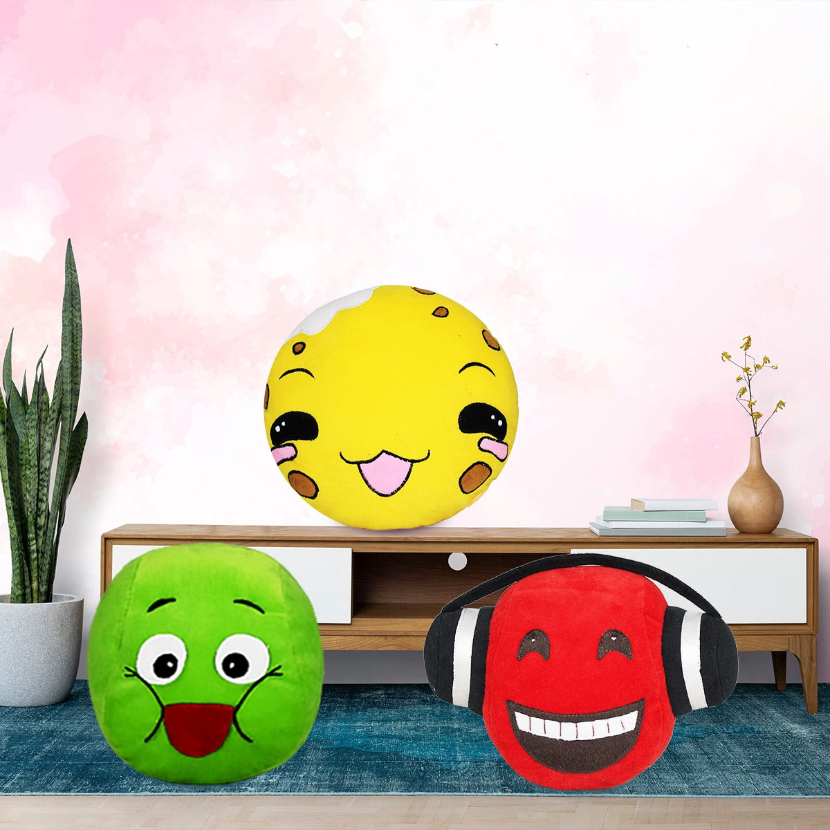 Goldenhub ToysSet of 3 Emoji Cushions – Headphone, Blinking & Cloudy Face | Red, Green & Yellow Round Soft Plush Pillows | Fun Emoji Set for Kids, Décor & Gifting