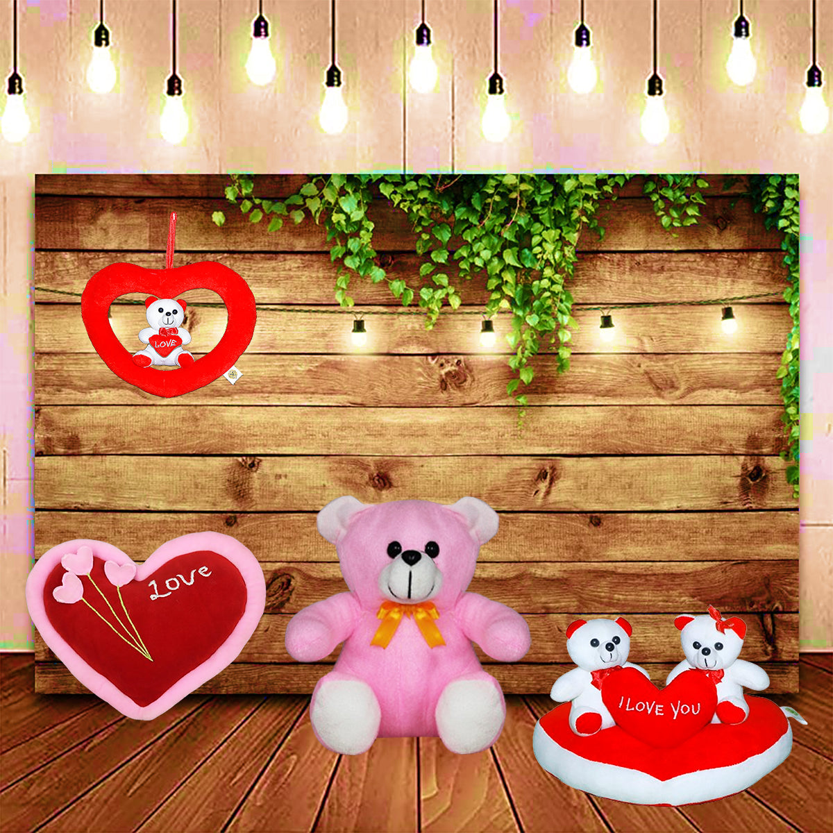 Goldenhub Toys Combo Set Of 4 Love Heart, Cute Couple Bear Sitting on Heart, Hanging Heart & Teddyy