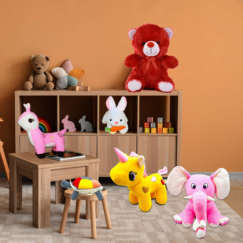 Goldenhub Toys Combo set of 6 Elephant, Teddy, Rabbit with Carrot, Reindeer, Unicorn & Tortoise