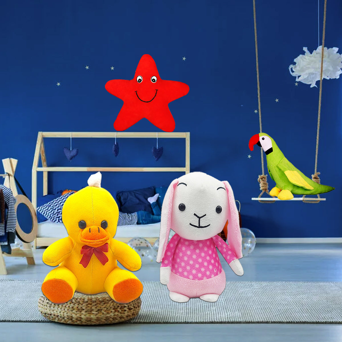Goldenhub Toys Combo Set Of 4 Parrot, Starfish, Chick & Bunny in Dress